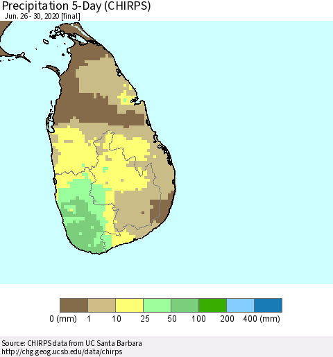 Sri Lanka Precipitation 5-Day (CHIRPS) Thematic Map For 6/26/2020 - 6/30/2020