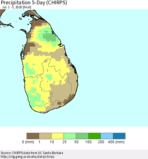 Sri Lanka Precipitation 5-Day (CHIRPS) Thematic Map For 7/1/2020 - 7/5/2020