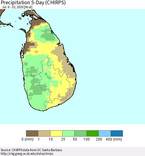 Sri Lanka Precipitation 5-Day (CHIRPS) Thematic Map For 7/6/2020 - 7/10/2020