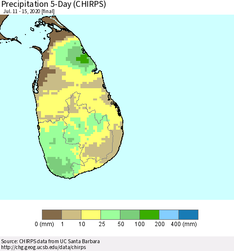 Sri Lanka Precipitation 5-Day (CHIRPS) Thematic Map For 7/11/2020 - 7/15/2020