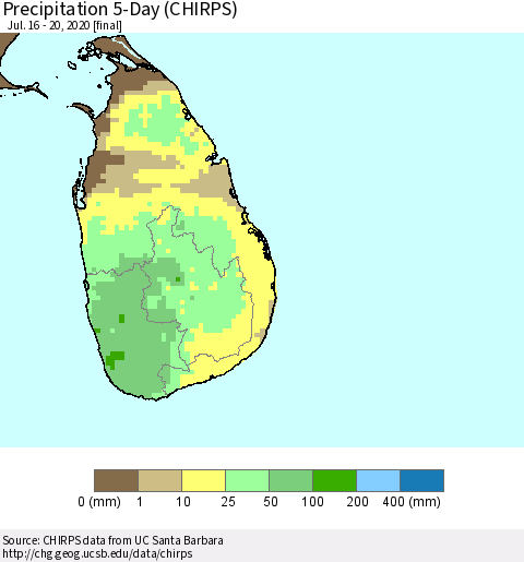 Sri Lanka Precipitation 5-Day (CHIRPS) Thematic Map For 7/16/2020 - 7/20/2020