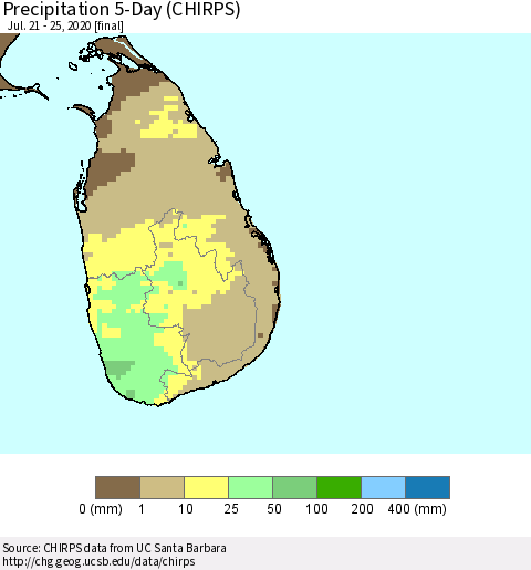 Sri Lanka Precipitation 5-Day (CHIRPS) Thematic Map For 7/21/2020 - 7/25/2020