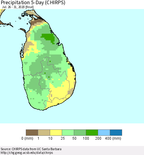 Sri Lanka Precipitation 5-Day (CHIRPS) Thematic Map For 7/26/2020 - 7/31/2020