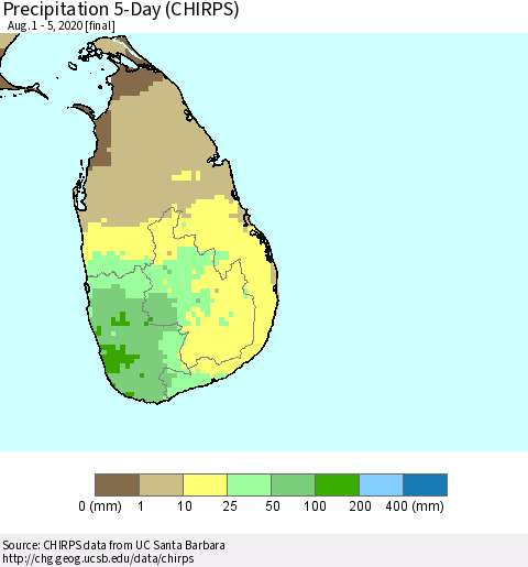 Sri Lanka Precipitation 5-Day (CHIRPS) Thematic Map For 8/1/2020 - 8/5/2020
