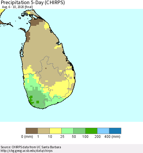 Sri Lanka Precipitation 5-Day (CHIRPS) Thematic Map For 8/6/2020 - 8/10/2020
