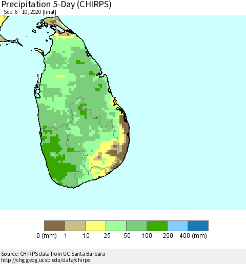 Sri Lanka Precipitation 5-Day (CHIRPS) Thematic Map For 9/6/2020 - 9/10/2020