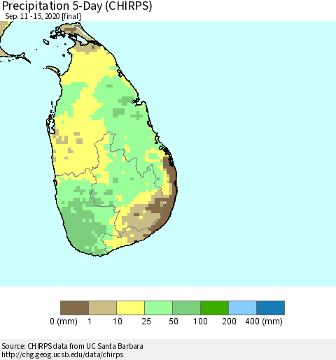 Sri Lanka Precipitation 5-Day (CHIRPS) Thematic Map For 9/11/2020 - 9/15/2020