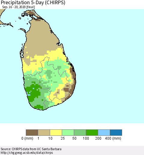 Sri Lanka Precipitation 5-Day (CHIRPS) Thematic Map For 9/16/2020 - 9/20/2020