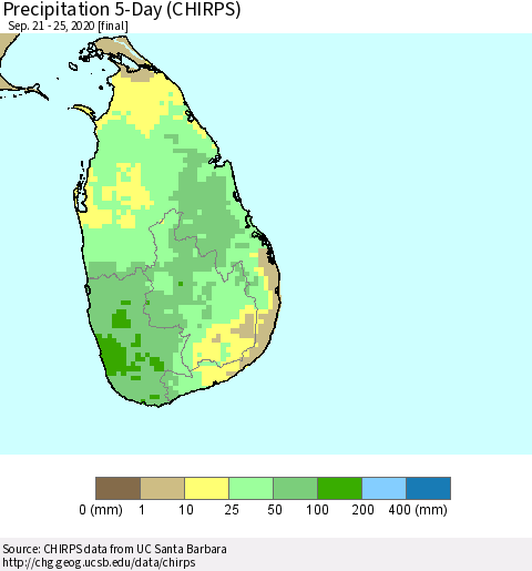 Sri Lanka Precipitation 5-Day (CHIRPS) Thematic Map For 9/21/2020 - 9/25/2020