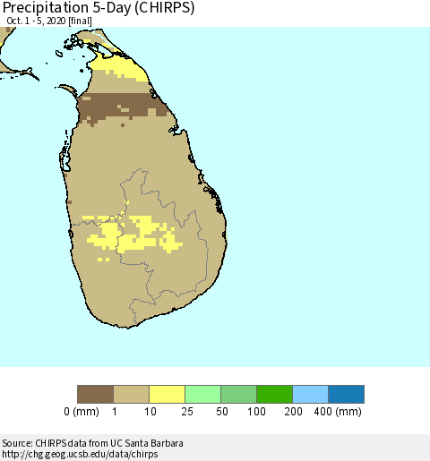 Sri Lanka Precipitation 5-Day (CHIRPS) Thematic Map For 10/1/2020 - 10/5/2020