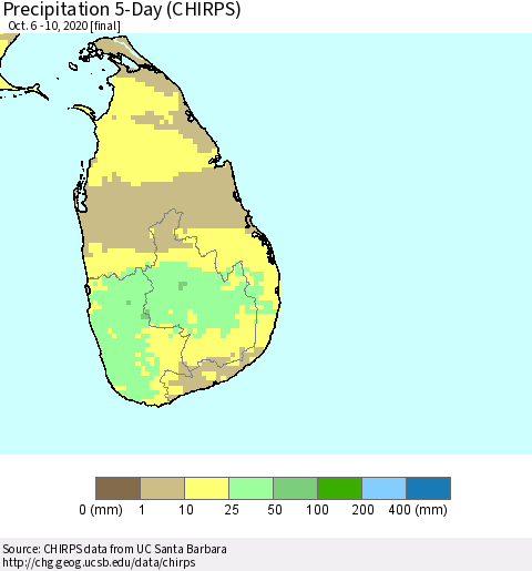 Sri Lanka Precipitation 5-Day (CHIRPS) Thematic Map For 10/6/2020 - 10/10/2020