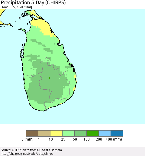 Sri Lanka Precipitation 5-Day (CHIRPS) Thematic Map For 11/1/2020 - 11/5/2020