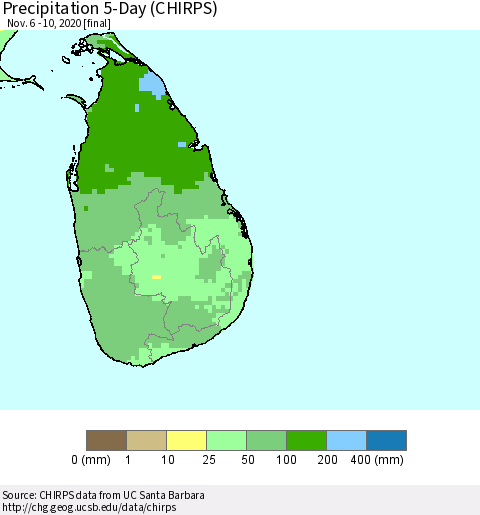 Sri Lanka Precipitation 5-Day (CHIRPS) Thematic Map For 11/6/2020 - 11/10/2020