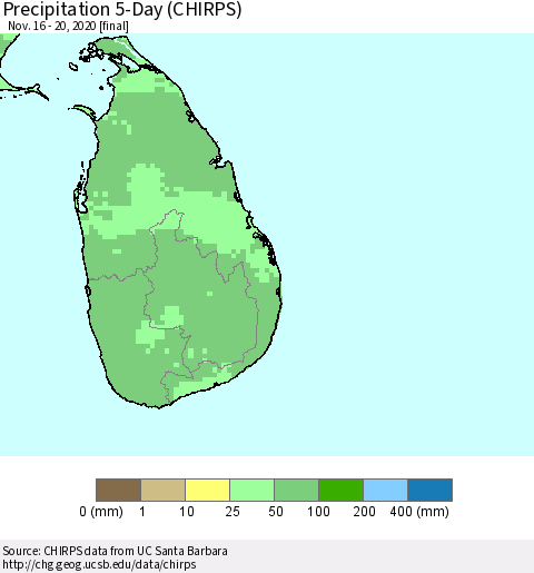 Sri Lanka Precipitation 5-Day (CHIRPS) Thematic Map For 11/16/2020 - 11/20/2020