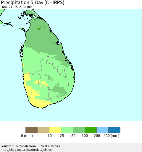 Sri Lanka Precipitation 5-Day (CHIRPS) Thematic Map For 11/21/2020 - 11/25/2020