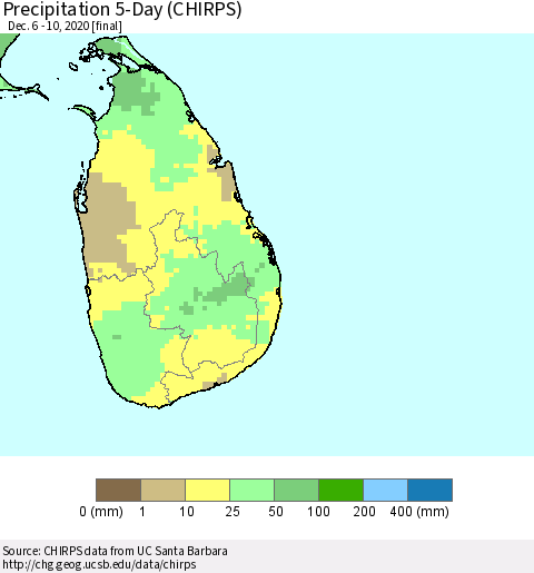 Sri Lanka Precipitation 5-Day (CHIRPS) Thematic Map For 12/6/2020 - 12/10/2020