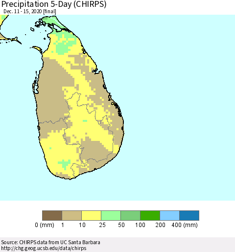 Sri Lanka Precipitation 5-Day (CHIRPS) Thematic Map For 12/11/2020 - 12/15/2020