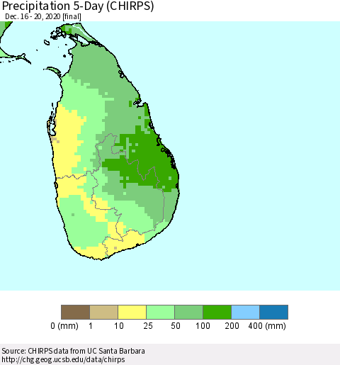 Sri Lanka Precipitation 5-Day (CHIRPS) Thematic Map For 12/16/2020 - 12/20/2020