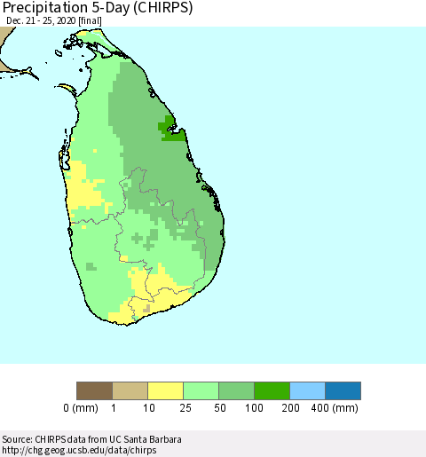 Sri Lanka Precipitation 5-Day (CHIRPS) Thematic Map For 12/21/2020 - 12/25/2020