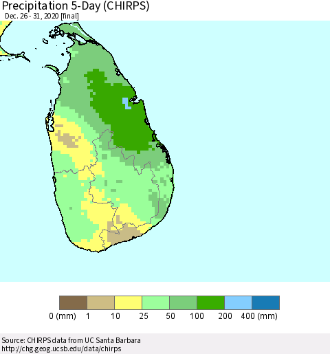 Sri Lanka Precipitation 5-Day (CHIRPS) Thematic Map For 12/26/2020 - 12/31/2020