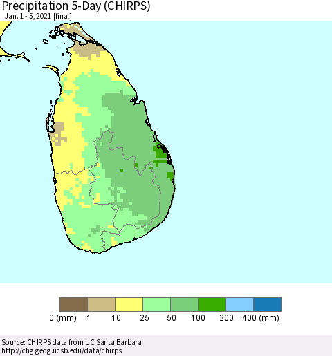 Sri Lanka Precipitation 5-Day (CHIRPS) Thematic Map For 1/1/2021 - 1/5/2021