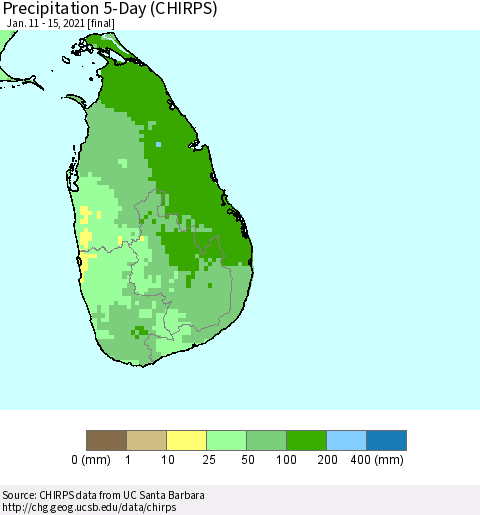 Sri Lanka Precipitation 5-Day (CHIRPS) Thematic Map For 1/11/2021 - 1/15/2021