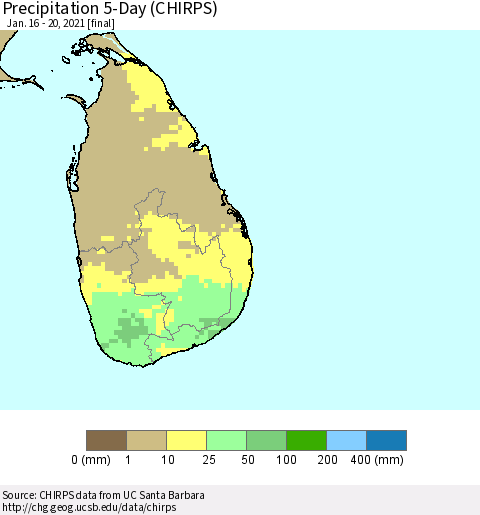 Sri Lanka Precipitation 5-Day (CHIRPS) Thematic Map For 1/16/2021 - 1/20/2021