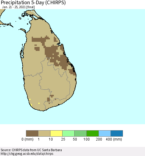 Sri Lanka Precipitation 5-Day (CHIRPS) Thematic Map For 1/21/2021 - 1/25/2021