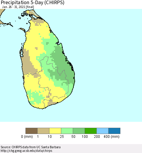 Sri Lanka Precipitation 5-Day (CHIRPS) Thematic Map For 1/26/2021 - 1/31/2021