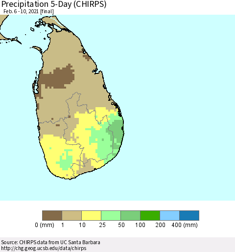 Sri Lanka Precipitation 5-Day (CHIRPS) Thematic Map For 2/6/2021 - 2/10/2021