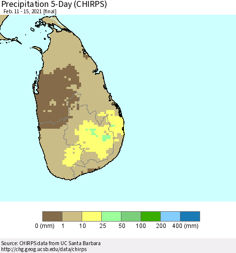 Sri Lanka Precipitation 5-Day (CHIRPS) Thematic Map For 2/11/2021 - 2/15/2021