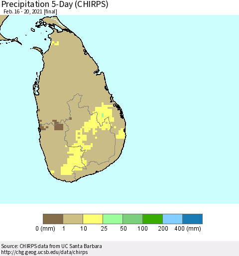 Sri Lanka Precipitation 5-Day (CHIRPS) Thematic Map For 2/16/2021 - 2/20/2021