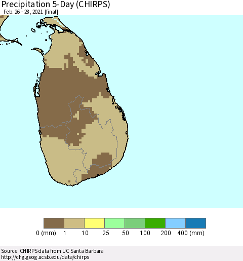 Sri Lanka Precipitation 5-Day (CHIRPS) Thematic Map For 2/26/2021 - 2/28/2021