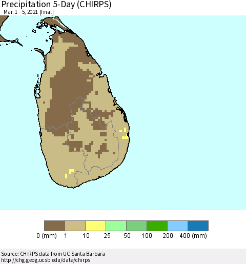 Sri Lanka Precipitation 5-Day (CHIRPS) Thematic Map For 3/1/2021 - 3/5/2021