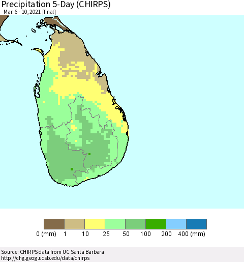 Sri Lanka Precipitation 5-Day (CHIRPS) Thematic Map For 3/6/2021 - 3/10/2021