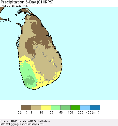 Sri Lanka Precipitation 5-Day (CHIRPS) Thematic Map For 3/11/2021 - 3/15/2021