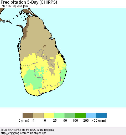 Sri Lanka Precipitation 5-Day (CHIRPS) Thematic Map For 3/16/2021 - 3/20/2021