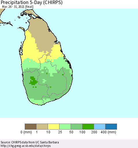 Sri Lanka Precipitation 5-Day (CHIRPS) Thematic Map For 3/26/2021 - 3/31/2021