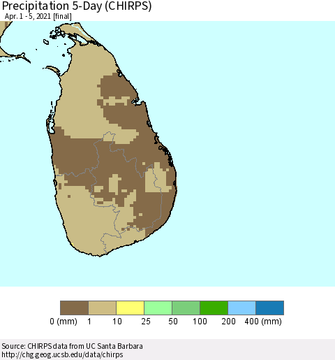 Sri Lanka Precipitation 5-Day (CHIRPS) Thematic Map For 4/1/2021 - 4/5/2021
