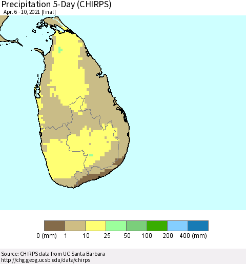 Sri Lanka Precipitation 5-Day (CHIRPS) Thematic Map For 4/6/2021 - 4/10/2021