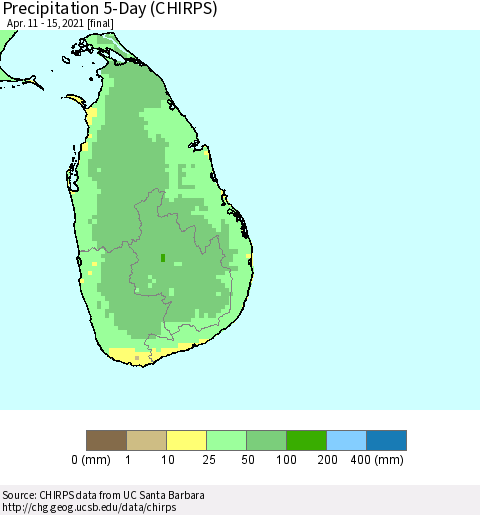 Sri Lanka Precipitation 5-Day (CHIRPS) Thematic Map For 4/11/2021 - 4/15/2021