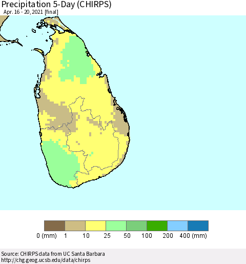 Sri Lanka Precipitation 5-Day (CHIRPS) Thematic Map For 4/16/2021 - 4/20/2021