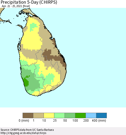 Sri Lanka Precipitation 5-Day (CHIRPS) Thematic Map For 4/21/2021 - 4/25/2021