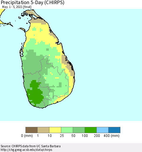 Sri Lanka Precipitation 5-Day (CHIRPS) Thematic Map For 5/1/2021 - 5/5/2021