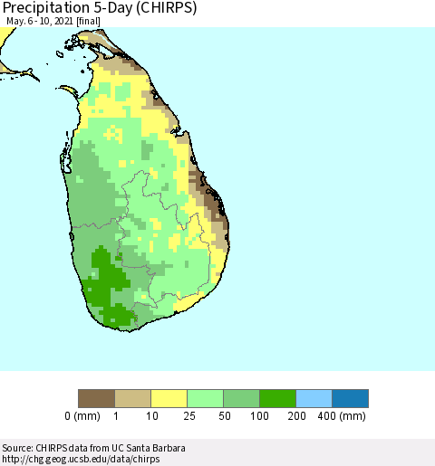 Sri Lanka Precipitation 5-Day (CHIRPS) Thematic Map For 5/6/2021 - 5/10/2021