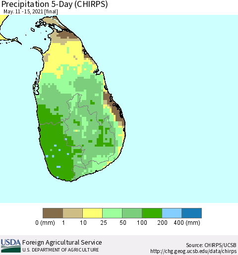 Sri Lanka Precipitation 5-Day (CHIRPS) Thematic Map For 5/11/2021 - 5/15/2021