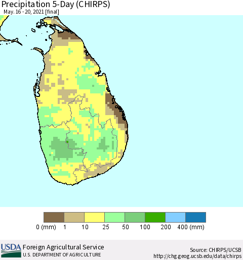 Sri Lanka Precipitation 5-Day (CHIRPS) Thematic Map For 5/16/2021 - 5/20/2021