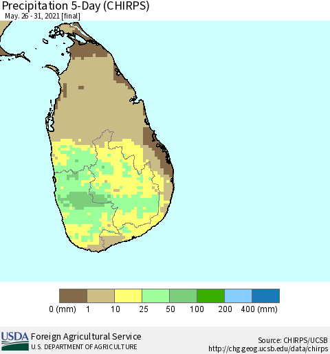 Sri Lanka Precipitation 5-Day (CHIRPS) Thematic Map For 5/26/2021 - 5/31/2021