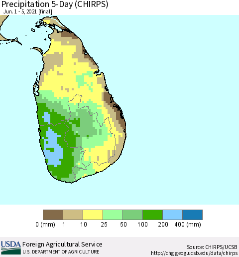 Sri Lanka Precipitation 5-Day (CHIRPS) Thematic Map For 6/1/2021 - 6/5/2021