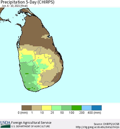 Sri Lanka Precipitation 5-Day (CHIRPS) Thematic Map For 6/6/2021 - 6/10/2021